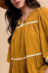 Annie Wear Tassel Contrast Trim Tie Neck Half Sleeve Tiered Dress OutfitFlow
